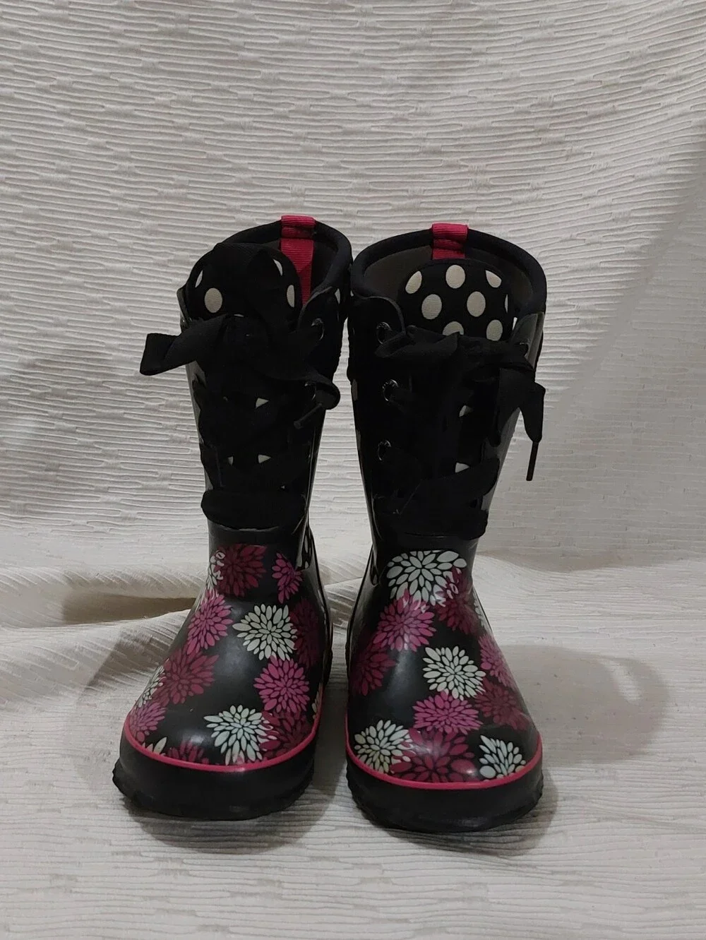 Bogs Black & Pink Floral Polka-Dot Lace-Up Rain Boots Size 1
